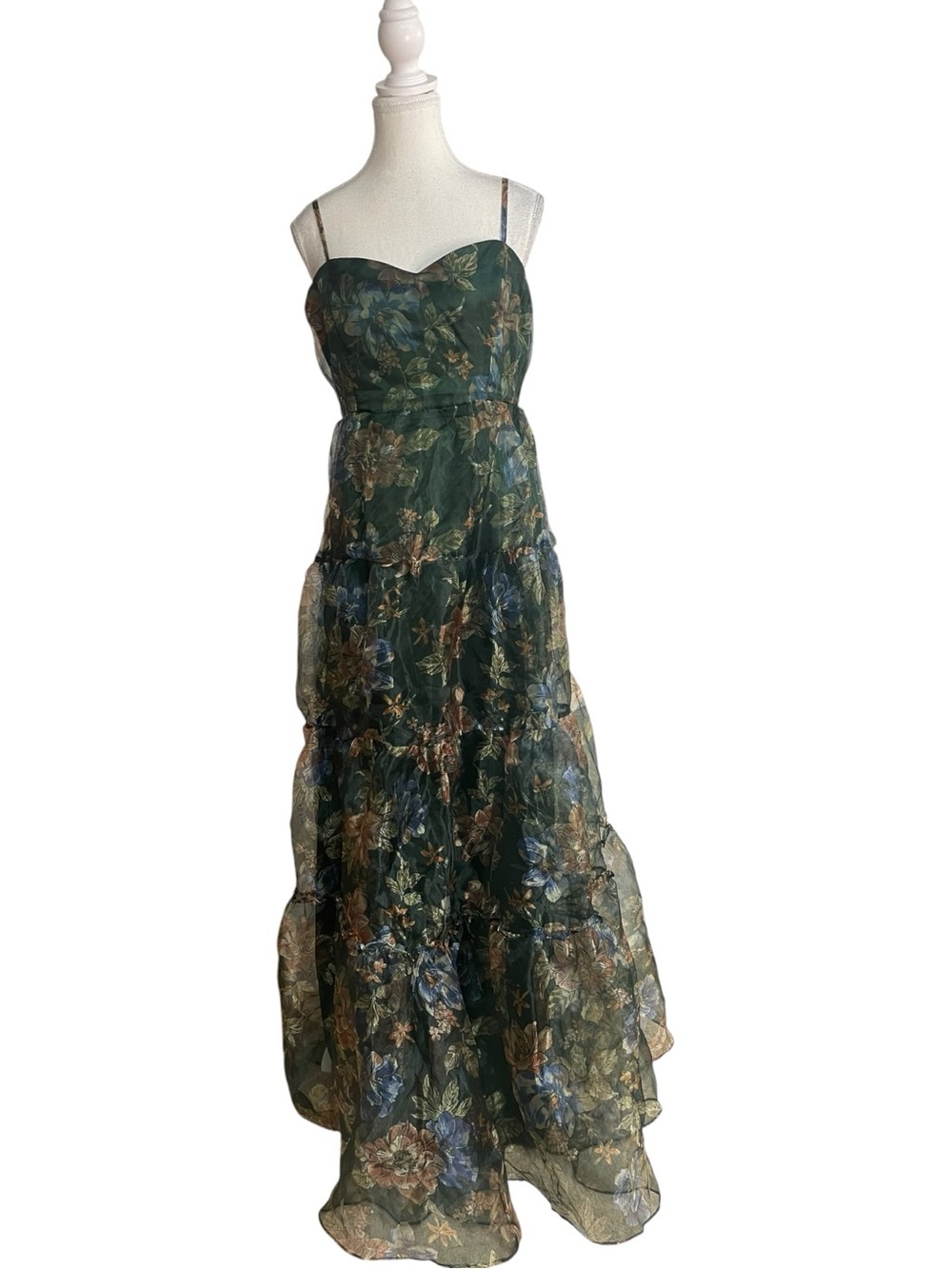 Lulus Exclusive Glamour Spaghetti Strap Tiered Organza Maxi Dress Dark Green